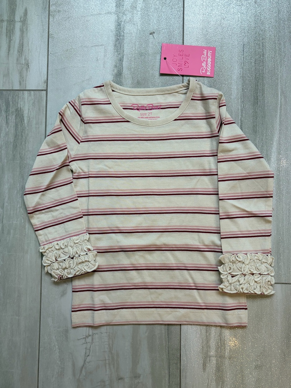 NWT RuffleButts Rosy Lane Pink Striped Long Sleeve Ruffled Layering Tee Girls 2T